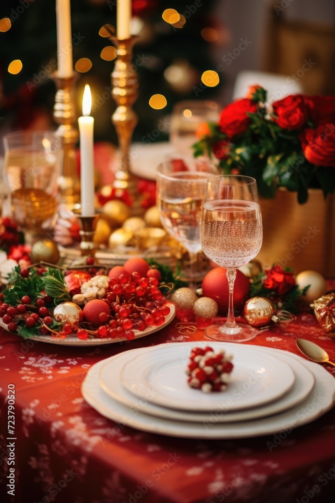 A table set for a holiday dinner with elegant red and gold decorations. Perfect for festive occasions.