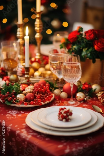 A table set for a holiday dinner with elegant red and gold decorations. Perfect for festive occasions.