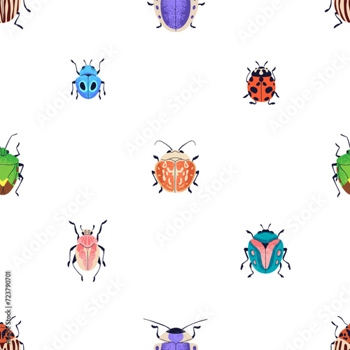 Beetles and bugs, seamless pattern. Insects, endless background design. Summe...