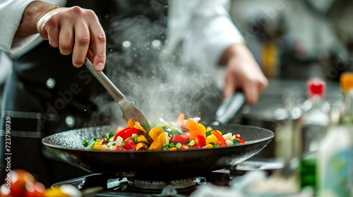 Chef Stirring Colorful Vegetables in Pan at Restaurant Kitchen