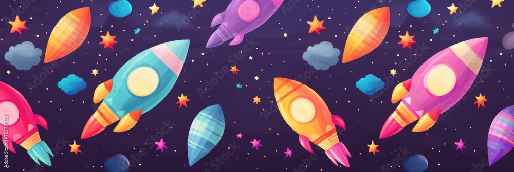 abstract colorful space rocket seamless pattern