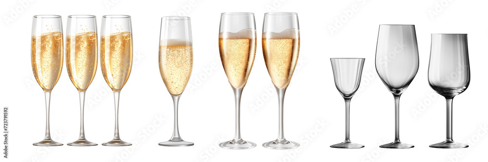 Set of champagne and wine glasses isolated on white background. Generative AI. Set of champagne and wine glasses isolated on white background. Generative AI.