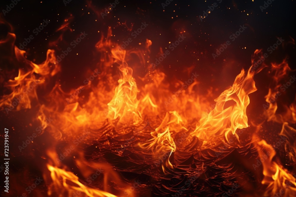 A close up of a fiery blaze against a dark black backdrop. Perfect for adding warmth and intensity to any design or project A close up of a fiery blaze against a dark black backdrop. Perfect for adding warmth and intensity to any design or project