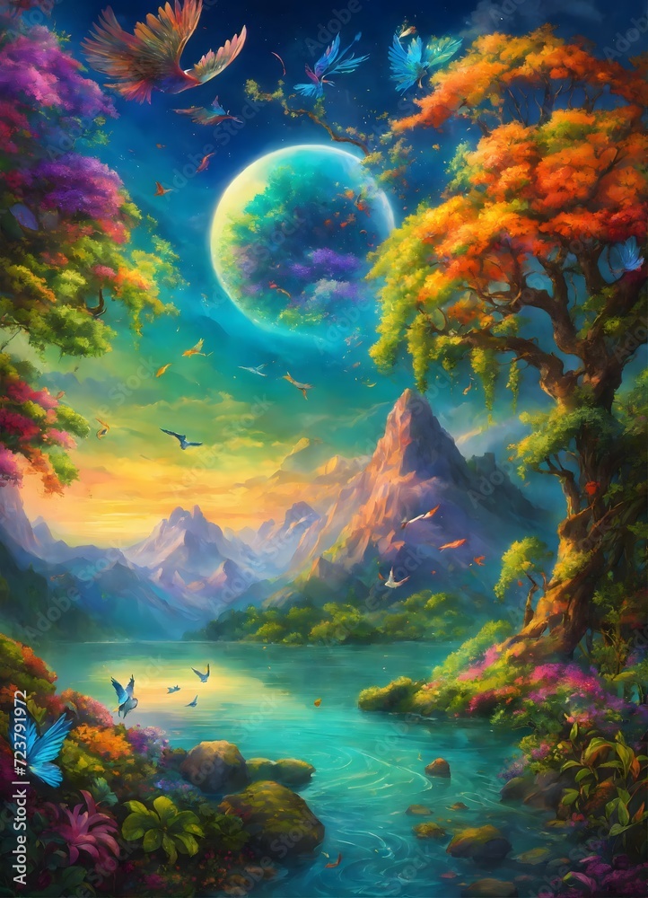 An artistic painting depicting a breathtaking scene of colorful forests with the moon shining brightly in the sky. Mythical birds soar in the horizon, adding a magical atmosphere to the view.