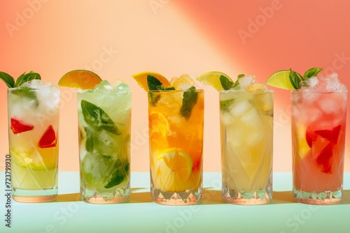 Colorful cocktails with fruit garnishes backlit by warm sunlight, ideal for summer beverage themes.