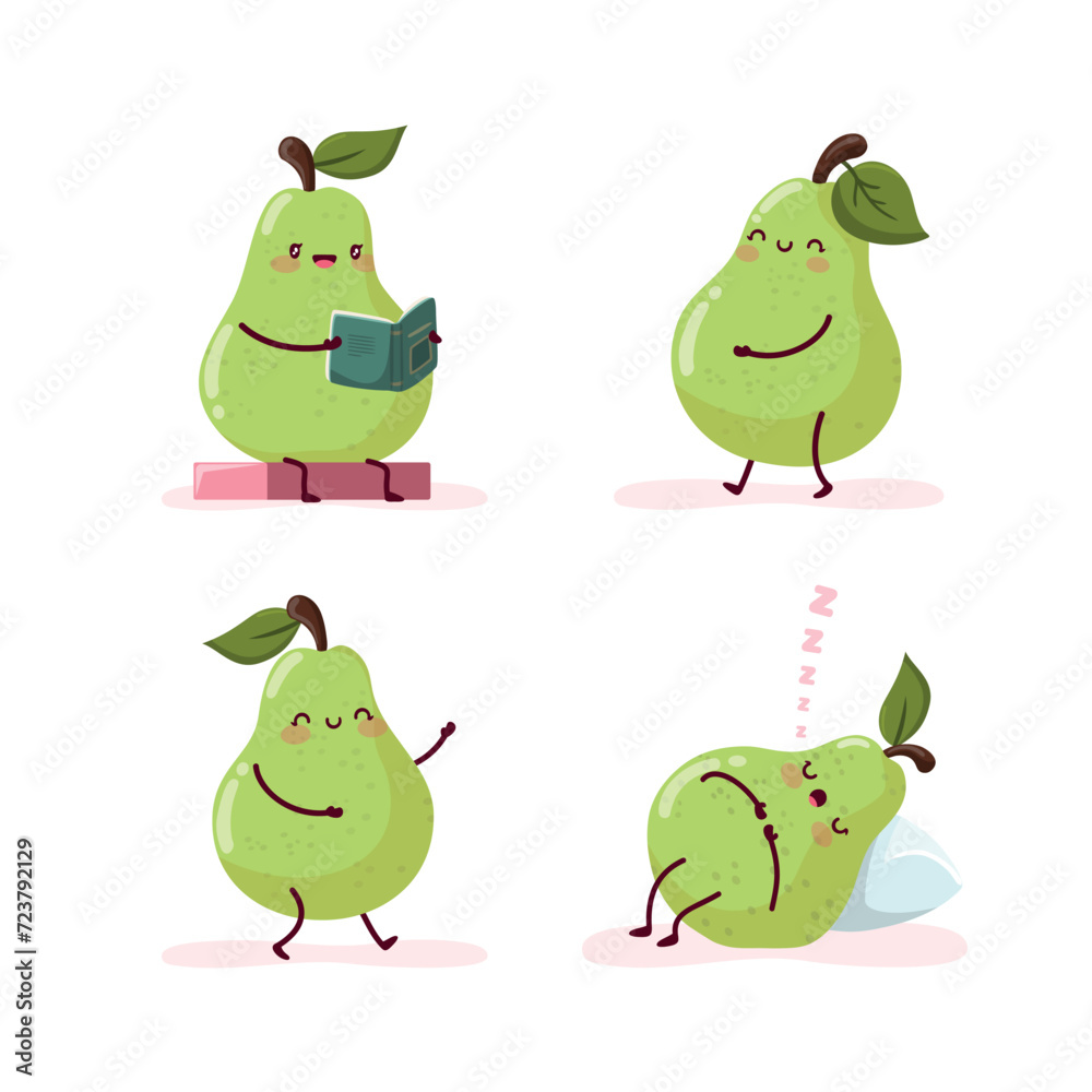 Fototapeta premium Set of cute pears that read, walk, dance and sleep