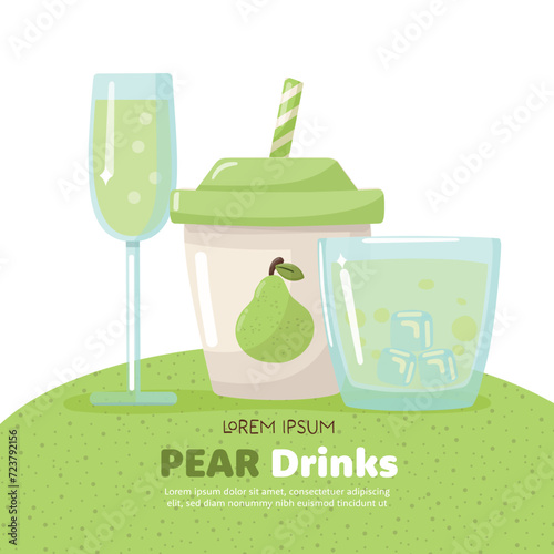 Set of pear cider glass, plastic cup pear soda and glass with ices