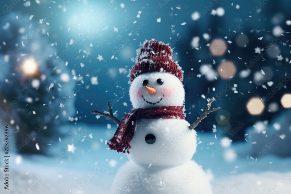 A snowman dressed in a red hat and scarf. This picture can be used for winter-themed designs or holiday greetings