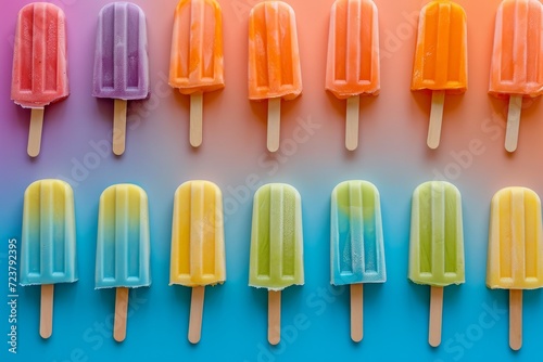 Colorful popsicles arranged in rows on a pastel blue and pink background.