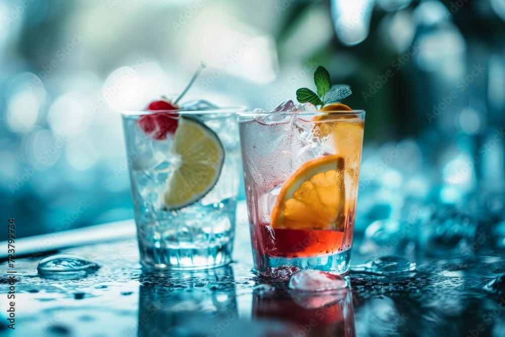 Two refreshing cocktails with garnishes on a bar counter with a bokeh background. Two refreshing cocktails with garnishes on a bar counter with a bokeh background.