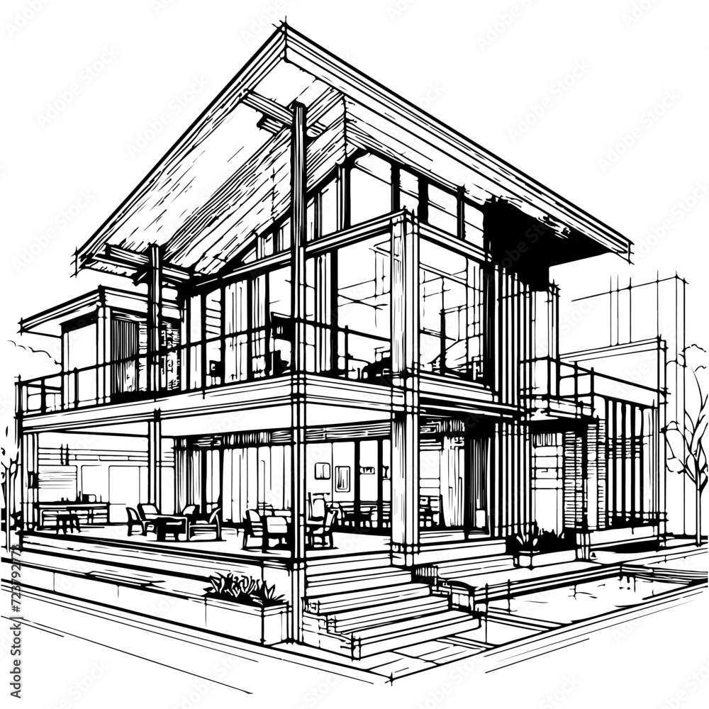 Sketch of house architecture .Drawing free hand Vector illustration.outline sketch drawing perspective of exterior house.