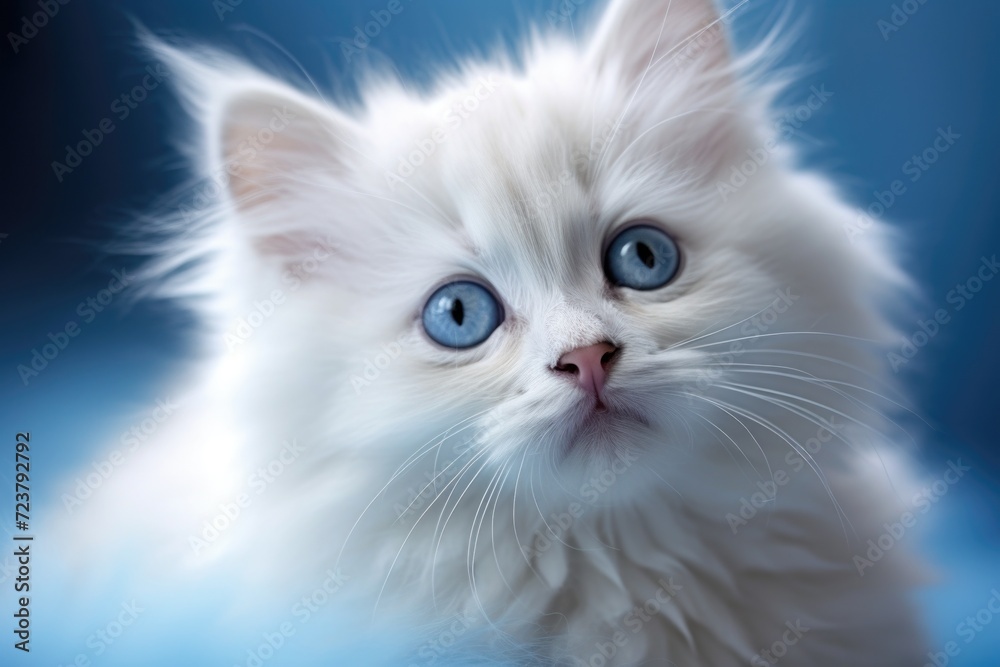 colorful portrait of a kitten with blue eyes on a white background