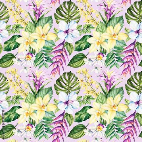 Tropical exotic leaves palm  orchid flowers and plants  floral background. Seamless pattern  watercolor summer wallpaper