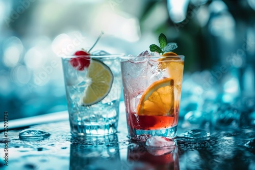 Two refreshing cocktails with garnishes on a bar counter with a bokeh background.