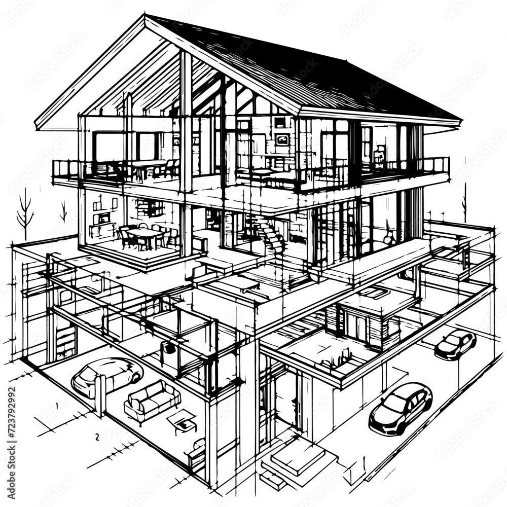 Vector sketch of modern house with swimming pool