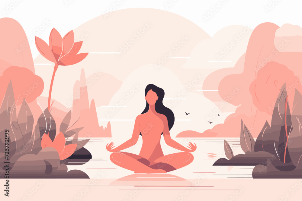Mindfulness and Mental Health Concept, Meditation and Yoga Practice, Peaceful Mind and Body Wellness Illustration, Serene People in Nature