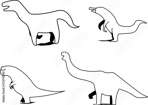 A set of different kinds of dinosaurs. Among them are theranosaurus, brontosaurus and other similar ancient animals.