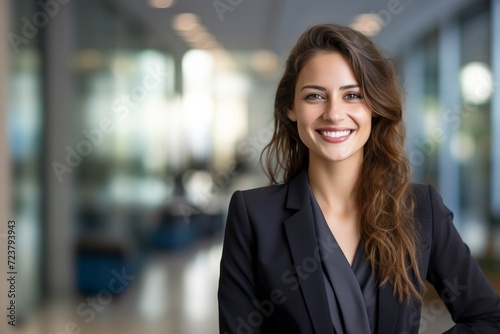 Headshot close up portrait of latin hispanic confident mature good looking middle age leader, ceo female businesswoman on blur office background. Gorgeous beautiful business woman smiling at camera photo