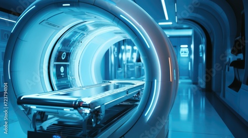 A picture of an MRI room with a blue light shining through the door. This image can be used to depict medical diagnostics, healthcare facilities, or futuristic technology
