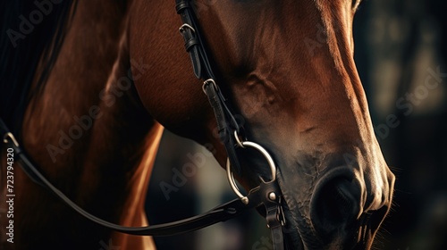 Close up view of a brown horse wearing a bridle. This image can be used to depict horse riding, equestrian sports, or farm animals © Fotograf