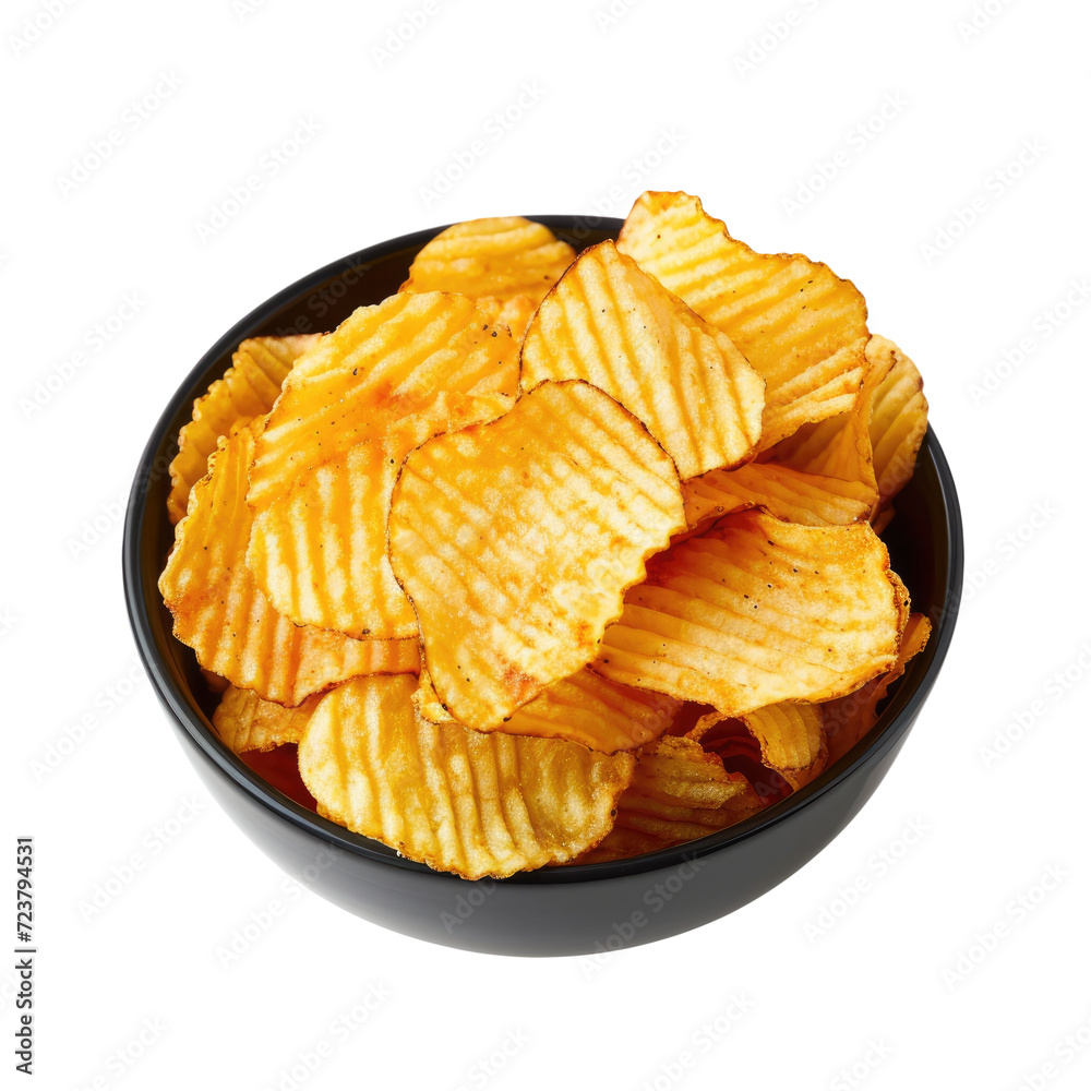 Ridged potato chips in bowl isolated on Transparent background Ridged potato chips in bowl isolated on Transparent background