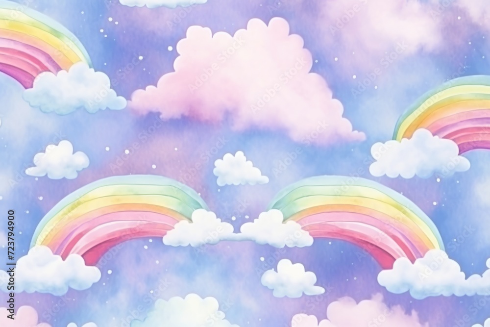 colorful watercolor background rainbow in clouds