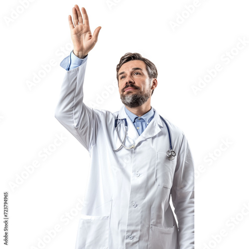 Male Scientist Raising Hand in White Lab Coat