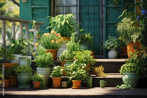 Potted plants displayed on a porch. Perfect for adding a touch of greenery to any outdoor space
