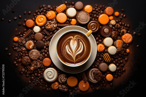 Latte art in glass with coffee beans and snack background photo