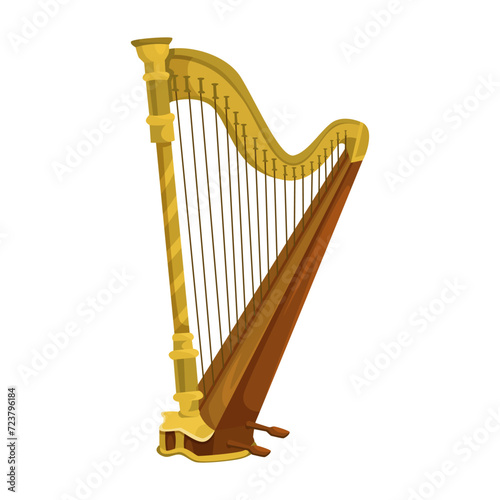 Golden harp classic music instrument isolated on white background. Flat style design. Classical antique musical string equipment. Flat vector illustration