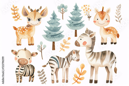 Watercolor painting of cute forest animals including a deer and zebras with whimsical trees, perfect for children's room decor and educational materials.