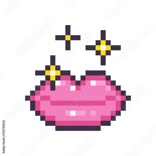 Pink lips isolated on white background. Female mouth 8-bit icon. Smile. Kiss. Game item. Vector pixel art illustration in y2k, 2000s, 1990s style.