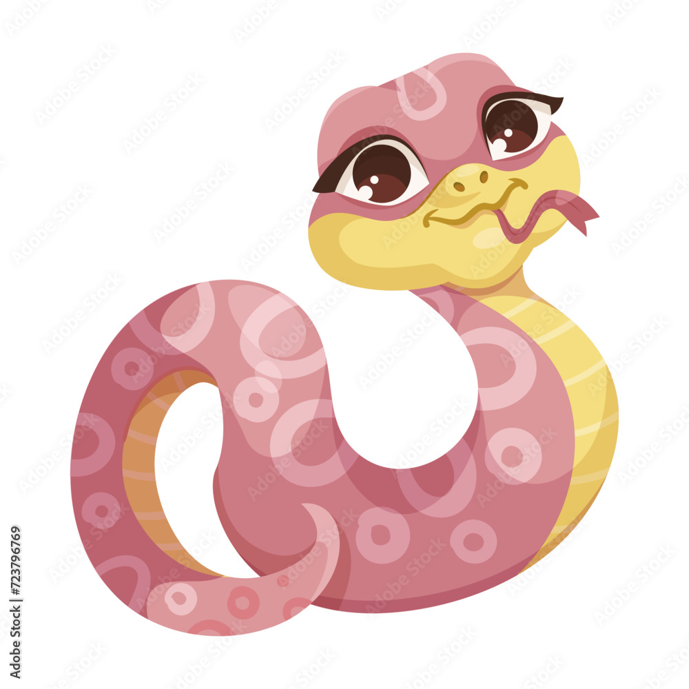 Cartoon cute pink snake isolated on white background. Little child snake character. Chinese horoscope zodiac sign, year of the snake 2025. Friendly character of smiling reptile. Vector illustration Cartoon cute pink snake isolated on white background. Little child snake character. Chinese horoscope zodiac sign, year of the snake 2025. Friendly character of smiling reptile. Vector illustration