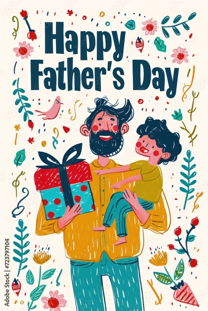 Playful father-child interaction depicted in a cheerful design.