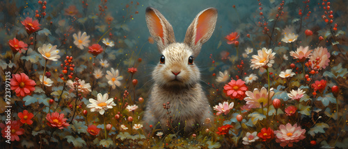 Painting of a Rabbit in a Field of Flowers