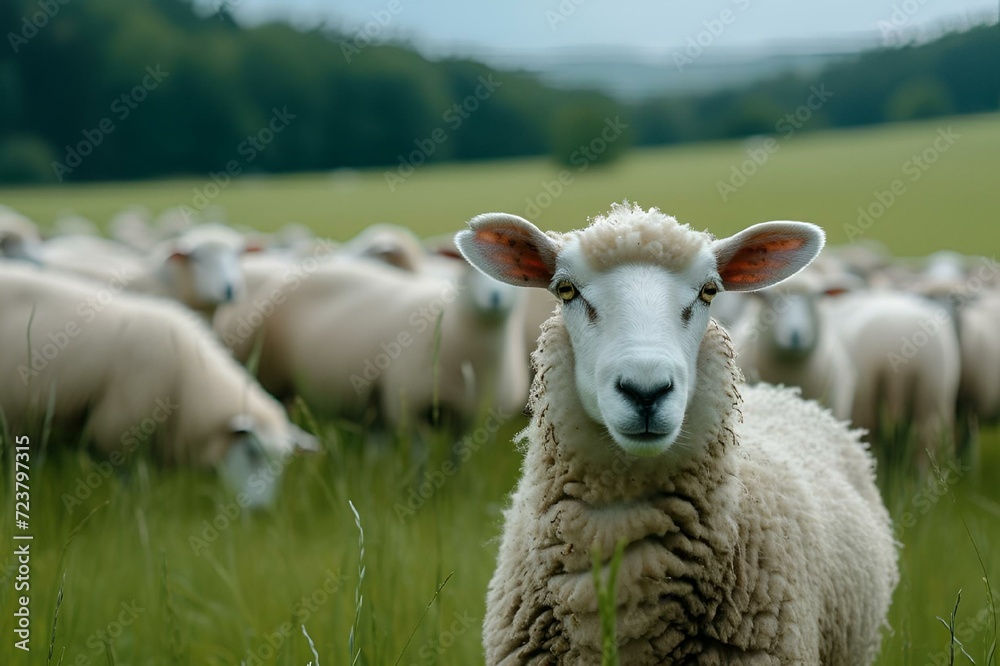 the sheep are standing in the grass looking at the camera the sheep are standing in the grass looking at the camera