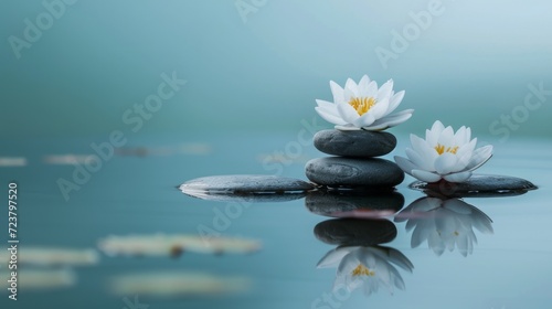 Zen stones, water lily, lotus symmetrically aligned against calm water. Self care, yoga training, fitness, breathing exercises, meditation, relaxation, healthy lifestyle, mindfulness concept