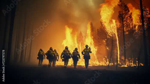 a group of firefighters on a forest fire a view from the back against the background of wildfire in the forest fiction, computer graphics