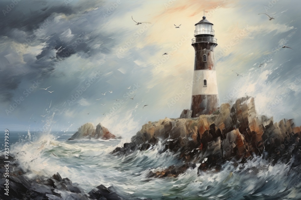 A painting of a lighthouse standing tall in the middle of the ocean. This image can be used to depict solitude, navigation, or the power of nature