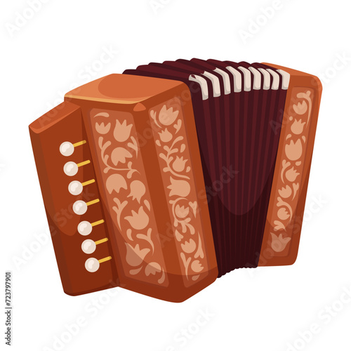 Accordion musical instrument isolated on white background. Flat style design icon. Classical musical equipment brown wooden accordion. National acoustic sound for leisure. Vector illustration