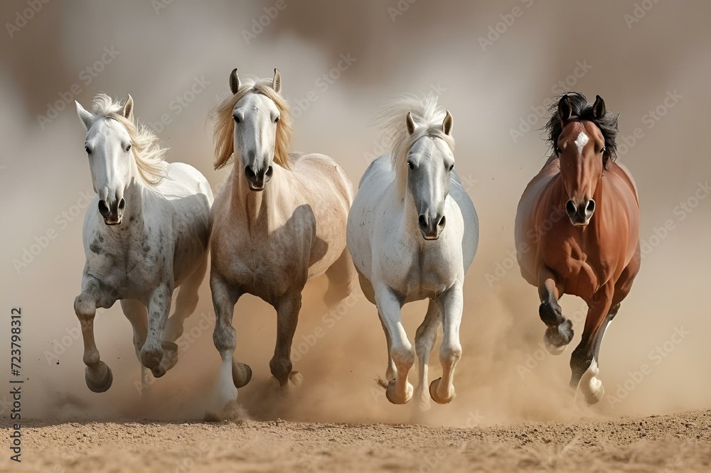 three horses running through a dirt field with dust in the air