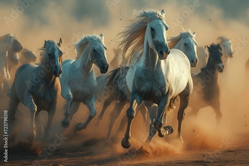 there are a lot of horses running together in the desert