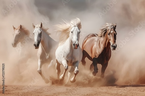 five horses run through a dust covered dirt field during the day