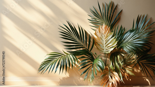 Tropical palm leaves on beige wall background with shadows .