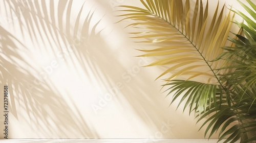 Palm leaves on a white wall background .