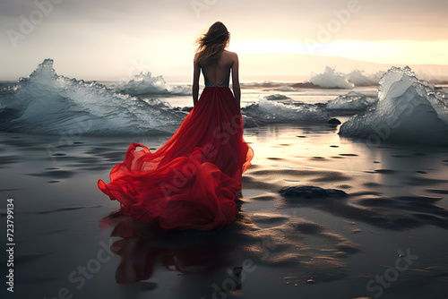 beautiful woman in a lush red dress on the shore of Iceland among the ice