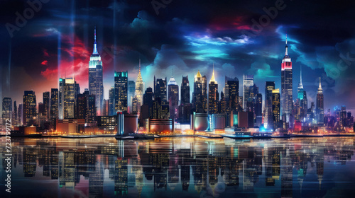 New York City skyline at night with skyscrapers and reflections . © Art AI Gallery