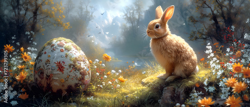 Painting of a Rabbit Sitting in a Field of Flowers