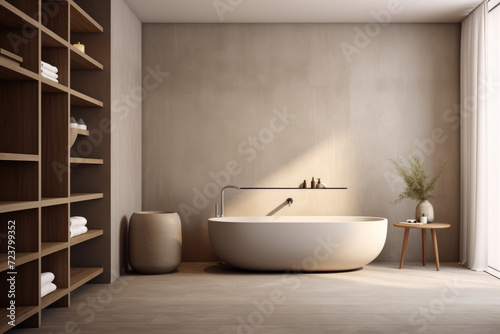 Linen color spacious minimal design luxury decorated bathroom interior