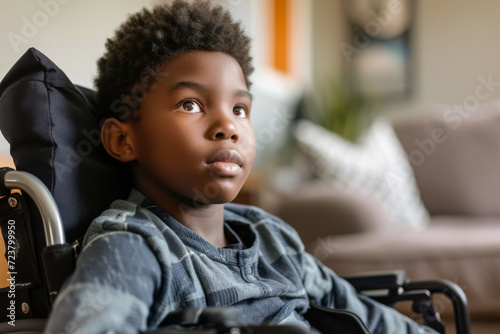 Cute boy in the wheelchair at home